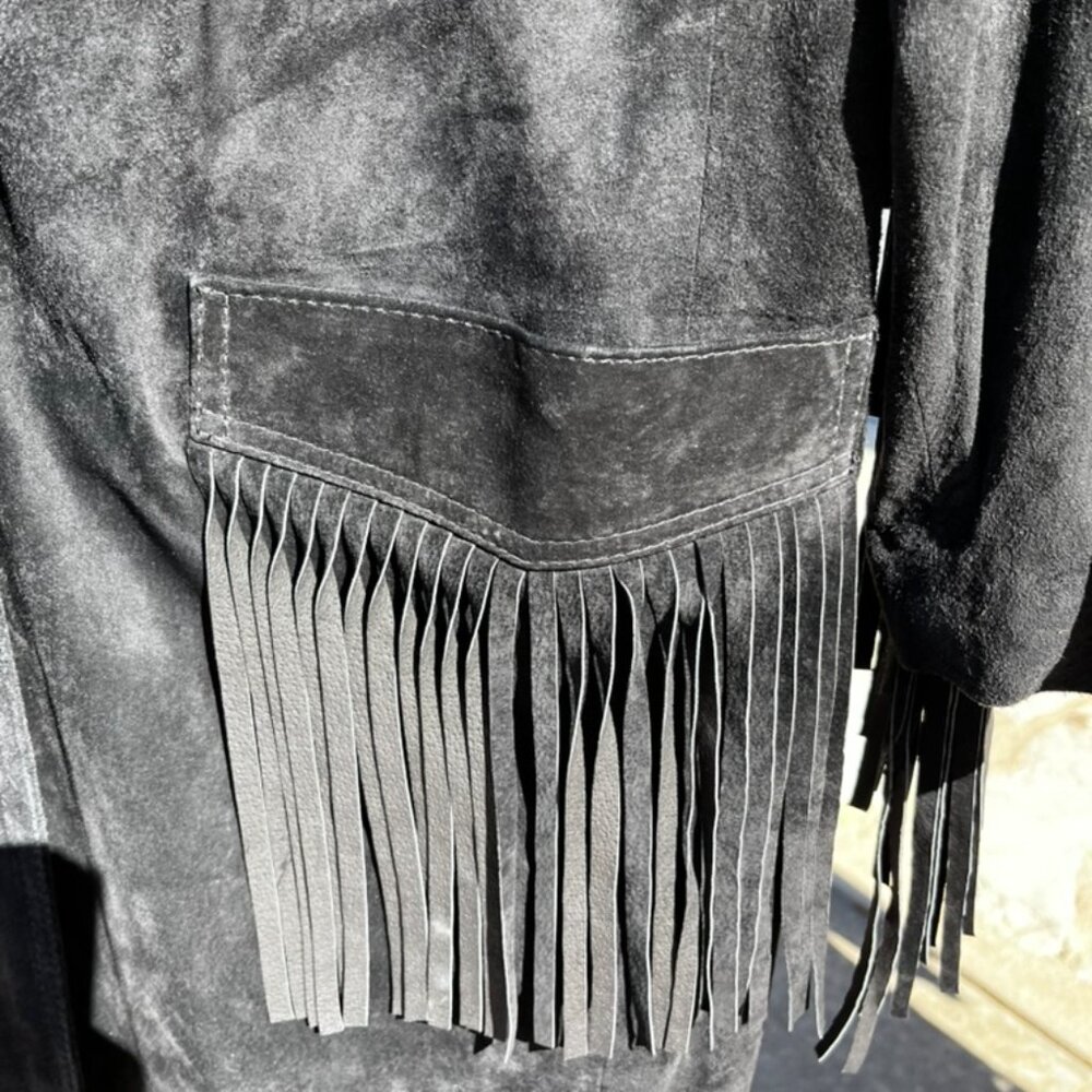 Women's Vintage (90s) Black Leather Fringe Western Duster - Picture 7 of 10
